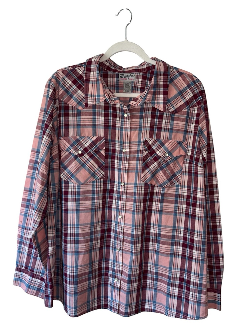 Wrangler Western Shirt XXL Pink Burgundy Plaid Pearl Snap Long Sleeve